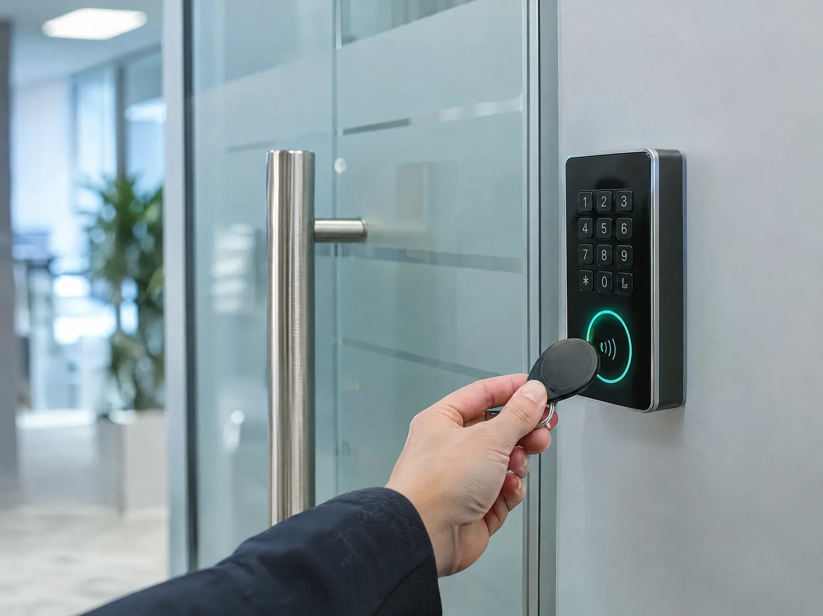Access control keypad and fob reader beside an office door