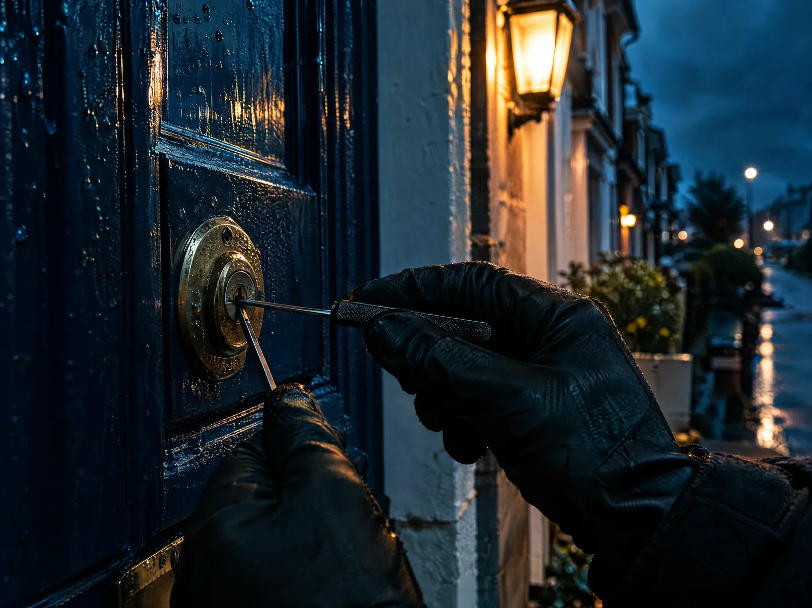 Locksmith opening a front door lock at night