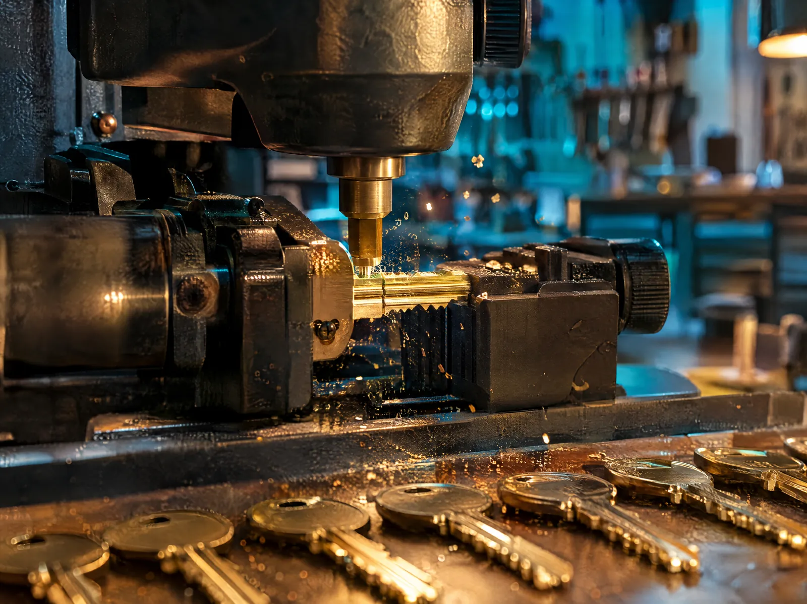 Key cutting machine cutting a brass key