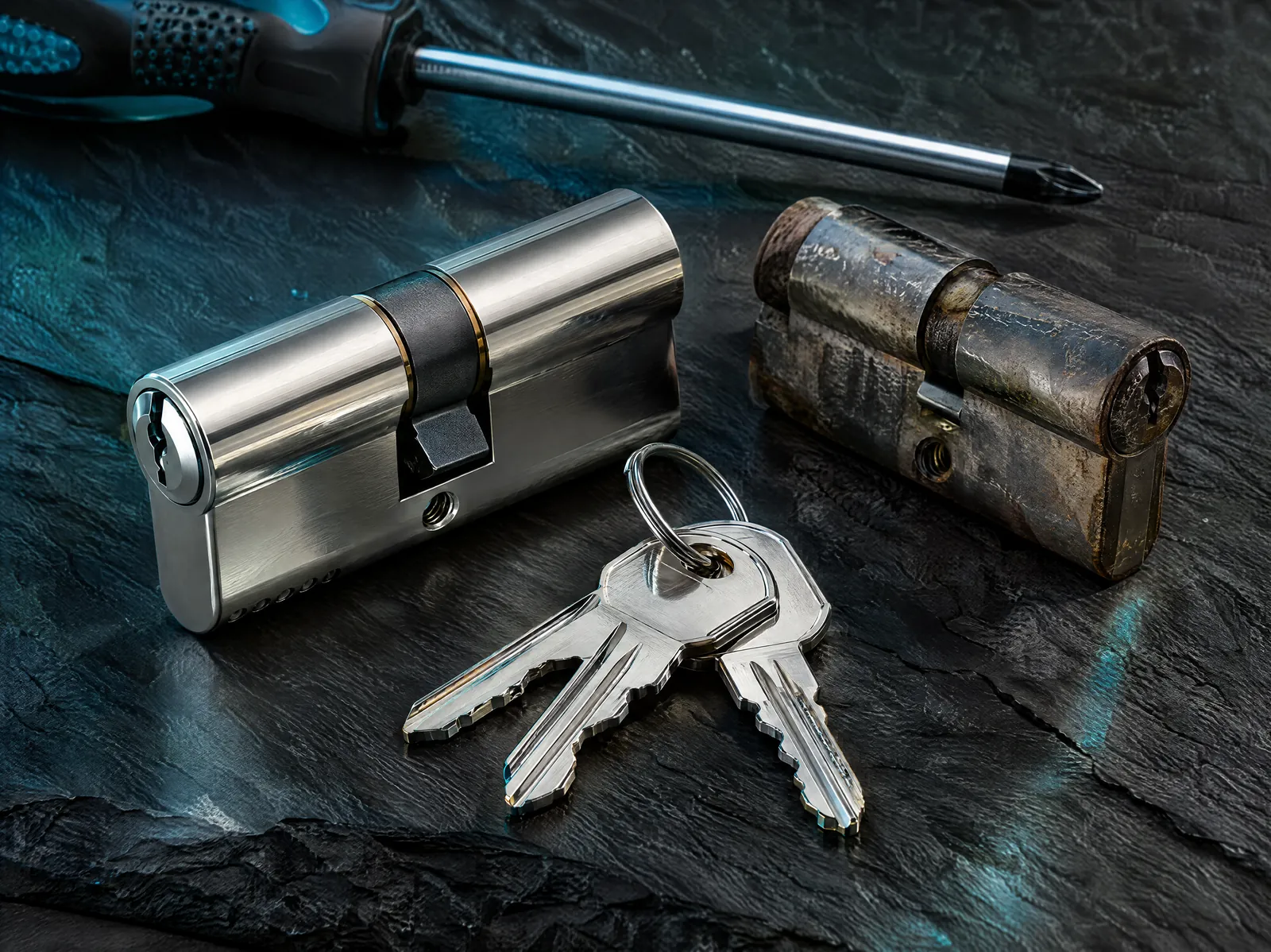 New anti-snap euro cylinder lock beside an old worn one